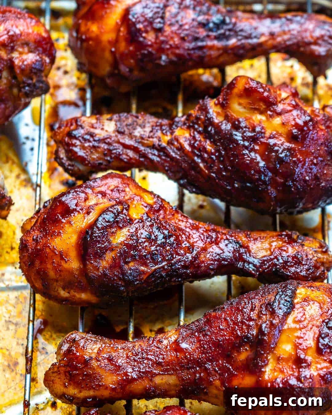 A close-up view of two perfectly glazed and crispy BBQ chicken drumsticks resting on a wire rack, ready to be served.