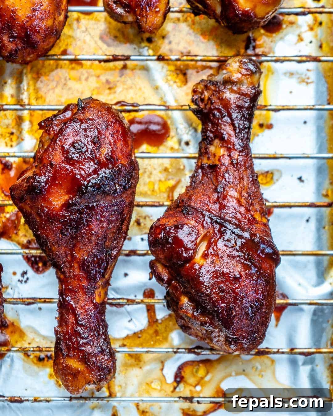 A top-down view of two beautifully baked BBQ chicken drumsticks resting on a clean white surface, highlighting their golden-brown color and glossy glaze.