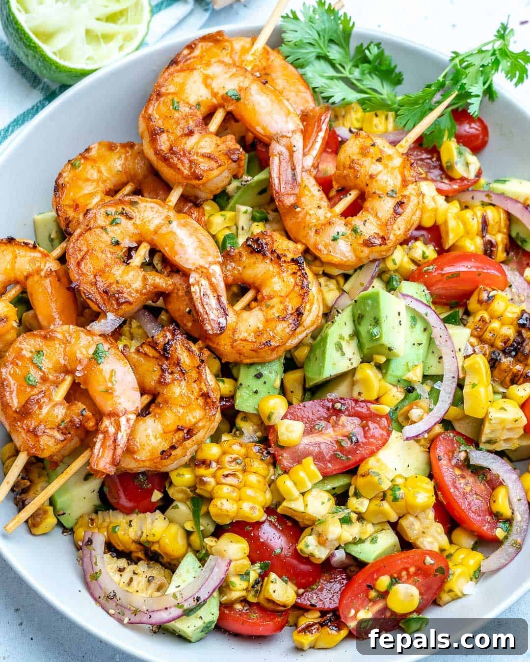 Zesty Shrimp Avocado Corn Salad 7 top view of salad with grilled shrimp