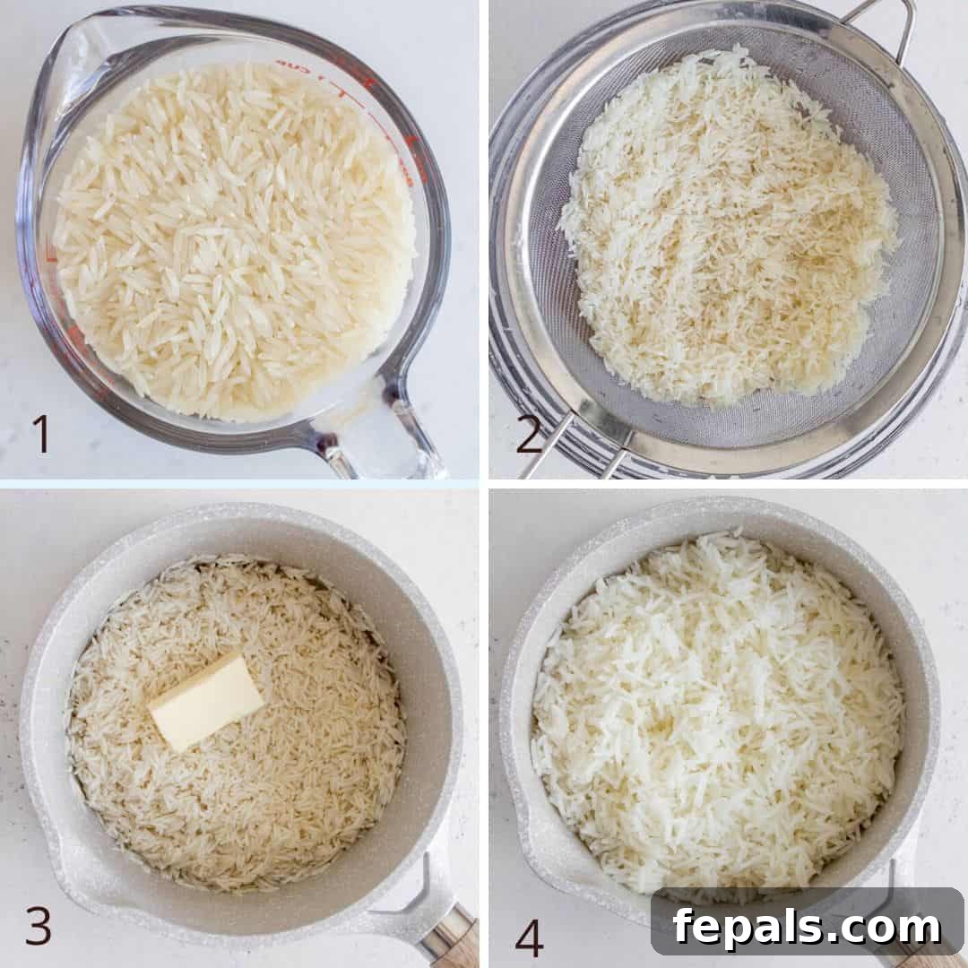 Perfectly Fluffy Rice Every Time 4 A collage demonstrating the step-by-step process of cooking rice on a stovetop.