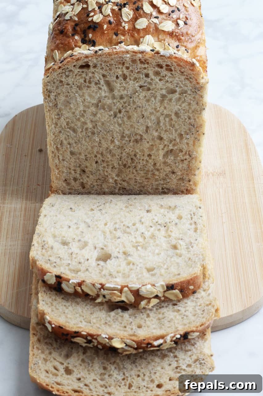 Artisan Whole Wheat Chia Loaf 9 close up of chia seed bread slices, showing the seeds and crumb texture