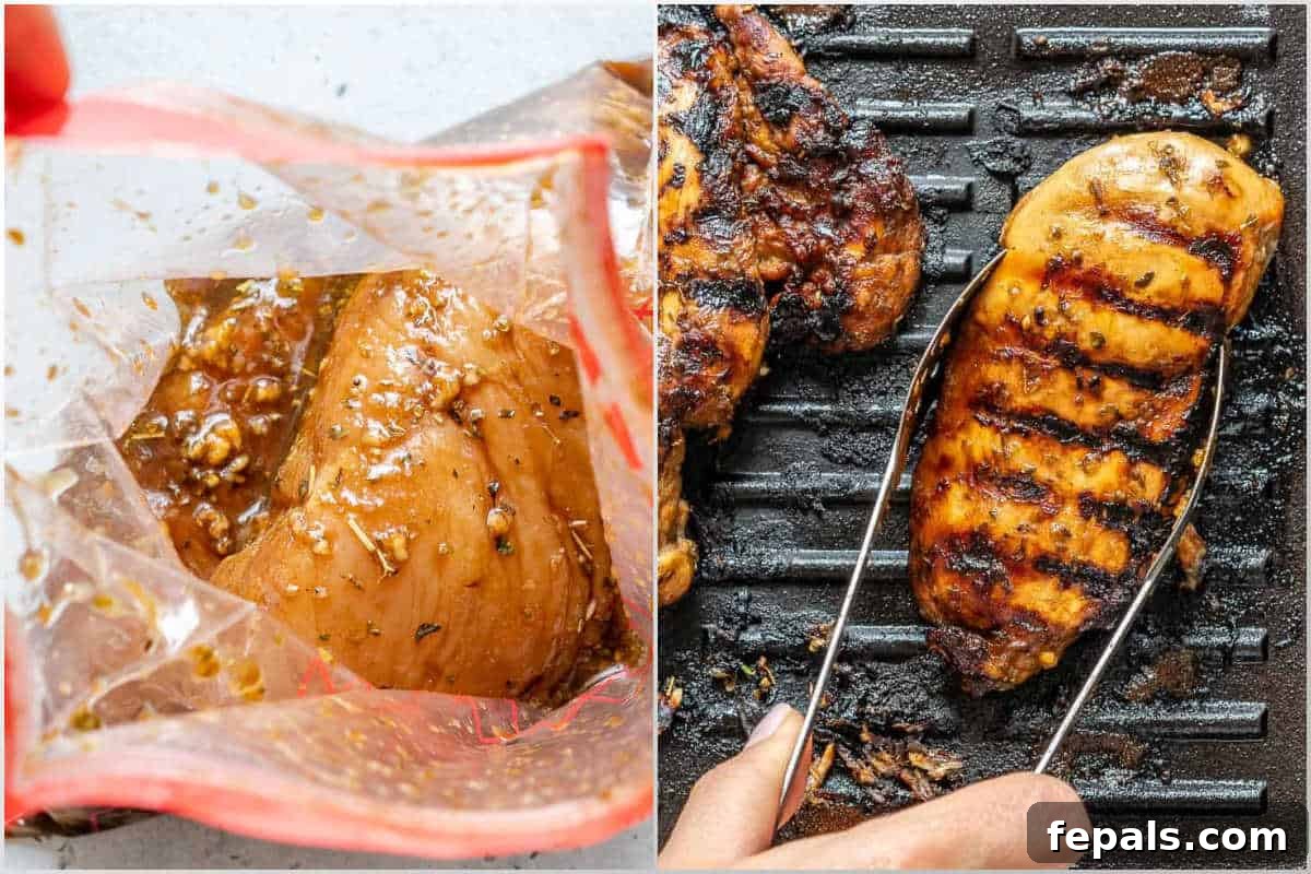 A two-part process shot showing chicken being marinated in a ziplock bag and then grilled to perfection in a pan.