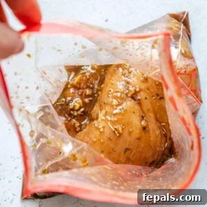 Marinated chicken breast sealed in a ziplock bag, ready for refrigeration.