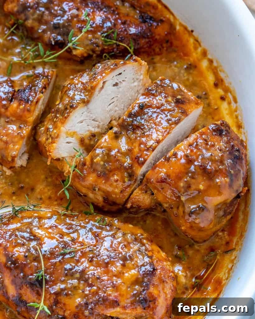 Golden Honey Mustard Chicken 5 baked sliced honey mustard chicken in white dish