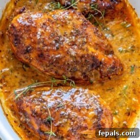 top view baked chicken breast with honey mustard sauce in white dish