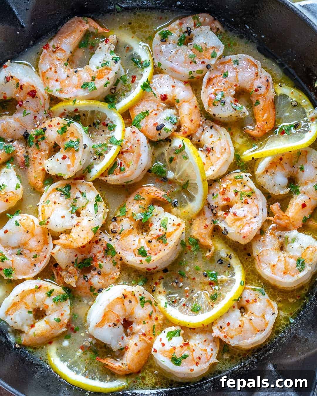 close up view of sautéed lemon garlic shrimp with fresh lemon slices