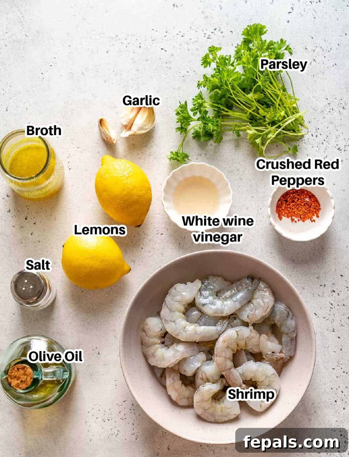 ingredients to make lemon garlic shrimp including fresh shrimp, lemons, garlic, and oil