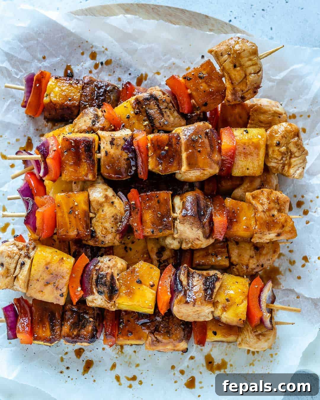 Sweet and Savory Pineapple Chicken Skewers 2 top view of chicken kabobs