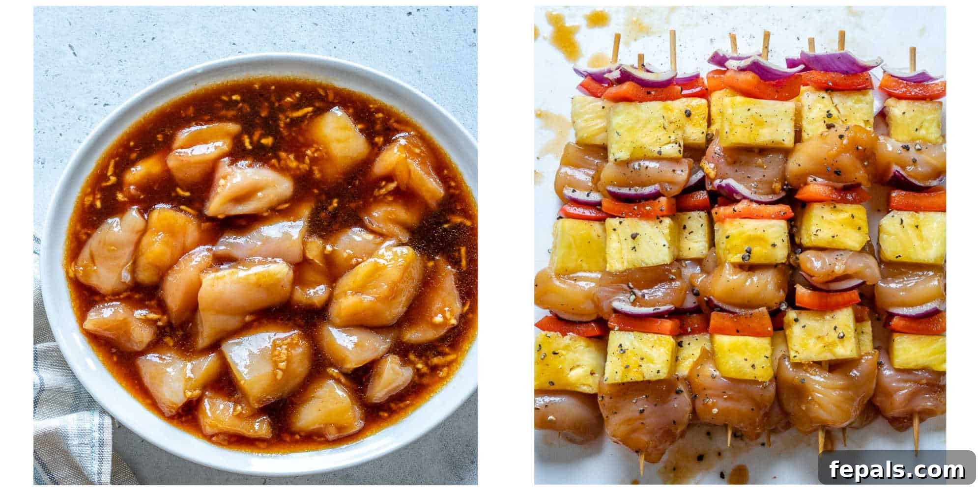 Sweet and Savory Pineapple Chicken Skewers 5 collage of marinated chicken in a bowl on the left and chicken skewers on the right