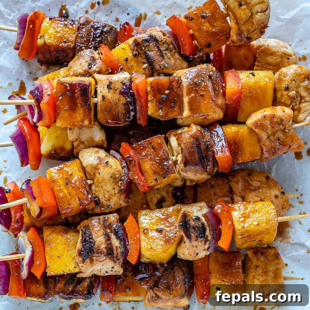 Sweet and Savory Pineapple Chicken Skewers 7 close up pineapple chicken kabobs