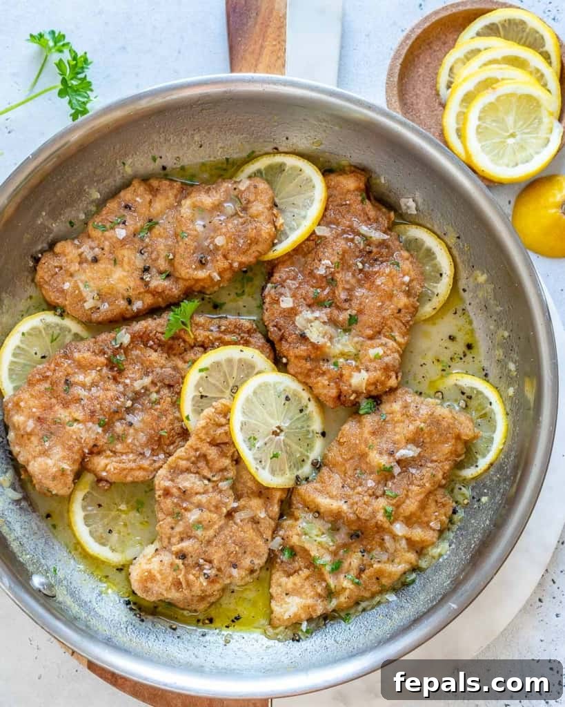 top view chicken cutlets in a pan, golden brown and ready for sauce