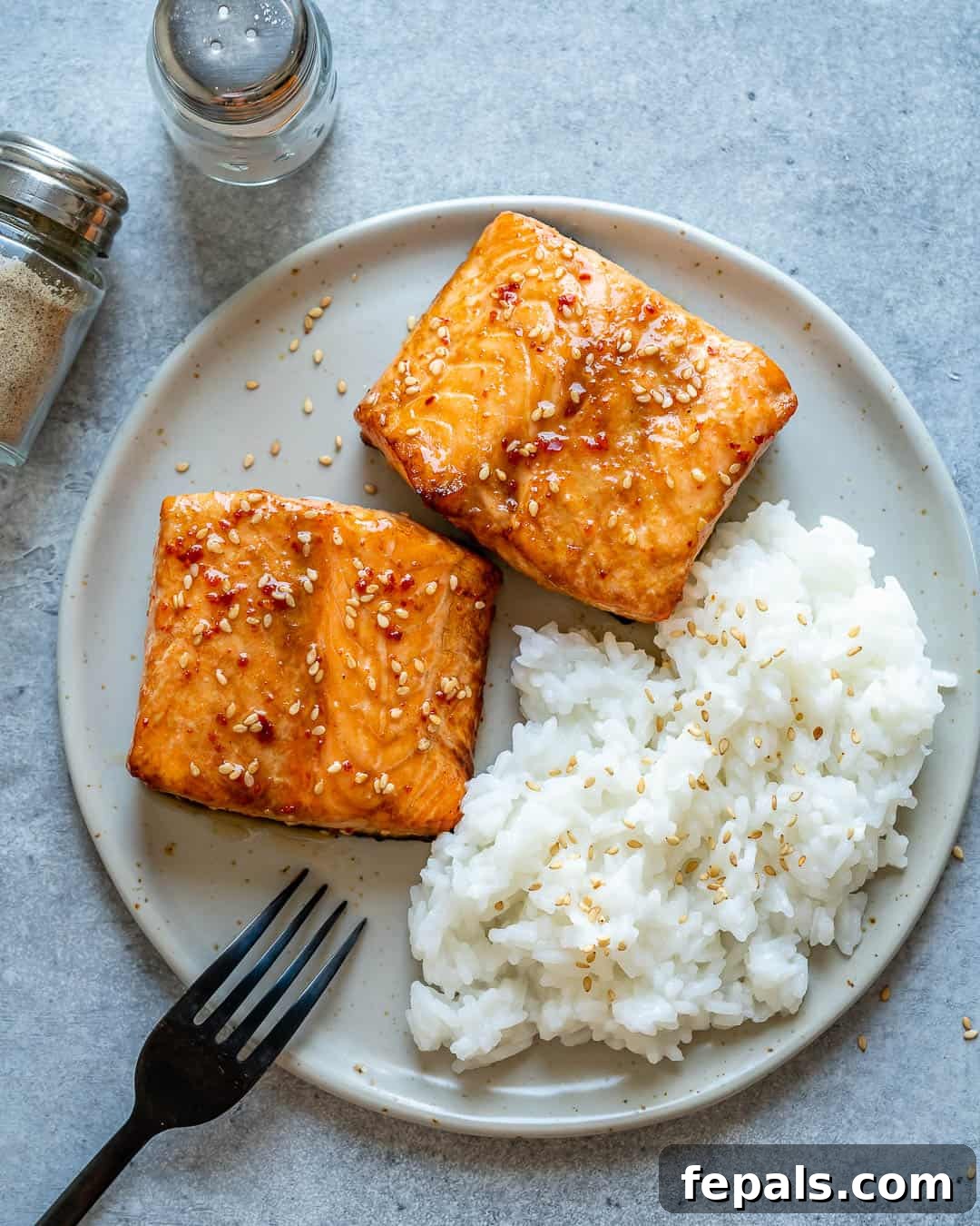 Airfryer'da Nar Gibi Kızarmış Ballı Somon 11 A beautifully plated dish of Honey Glazed Air Fryer Salmon with a side of white rice, ready to be enjoyed.