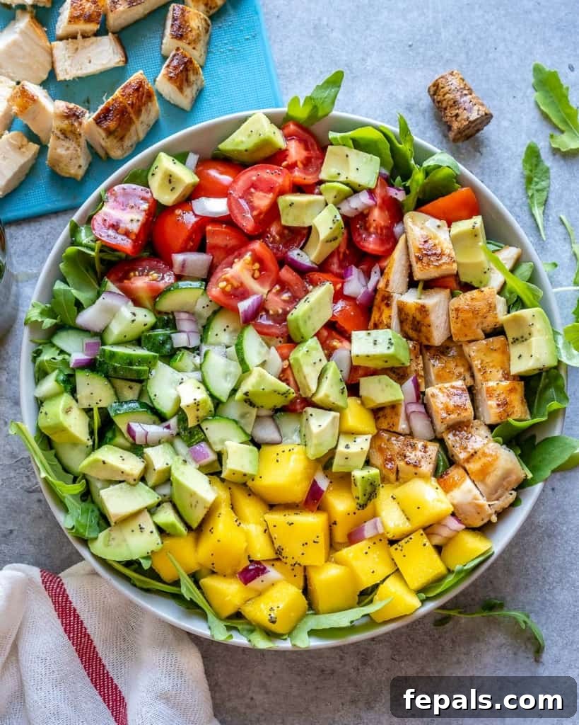Sunshine Grilled Chicken Mango Salad 2 top view chicken and mango salad in a single serving bowl