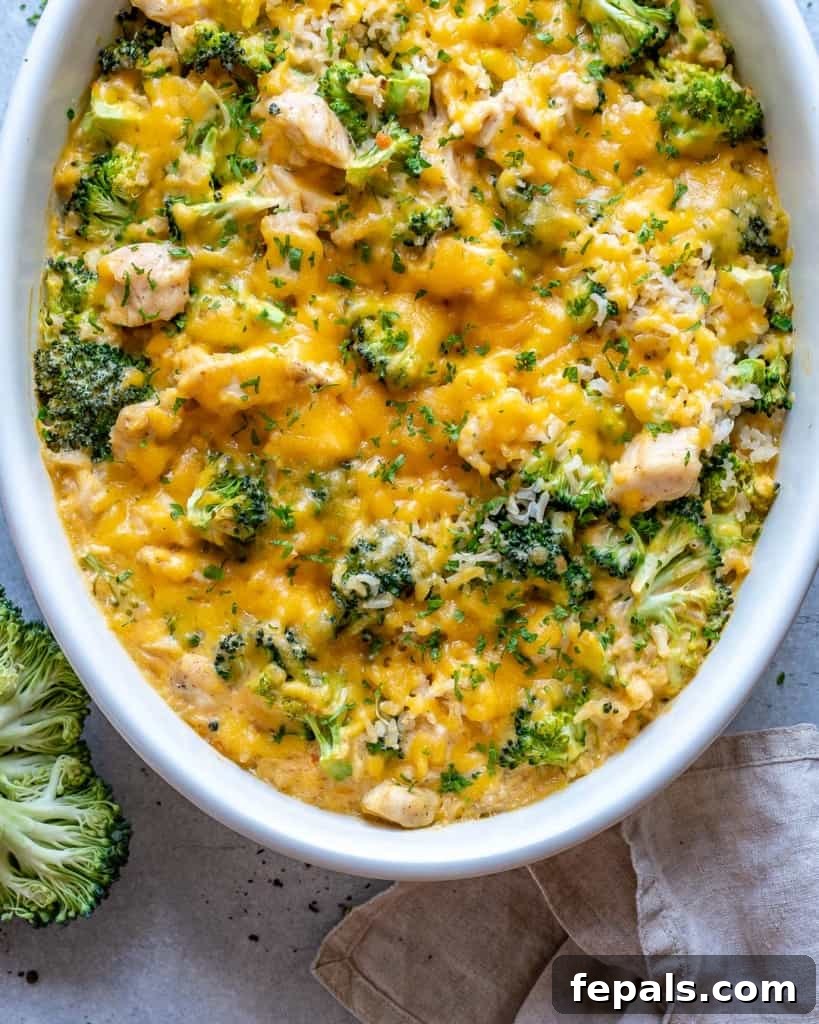 Creamy Chicken Broccoli Rice Bake 3 top view of chicken casserole in a white dish