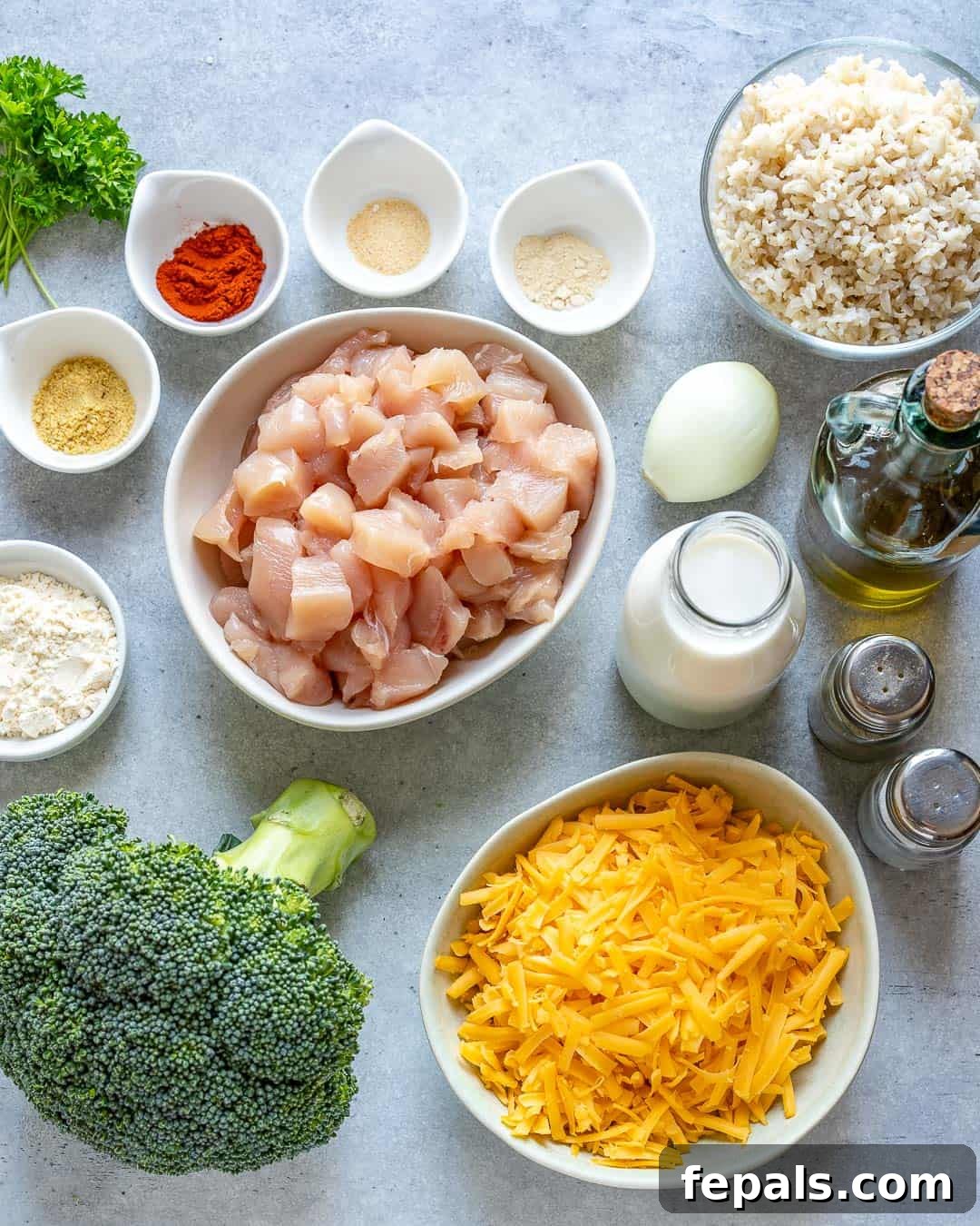 Creamy Chicken Broccoli Rice Bake 4 Ingredients for chicken & broccoli casserole on counter