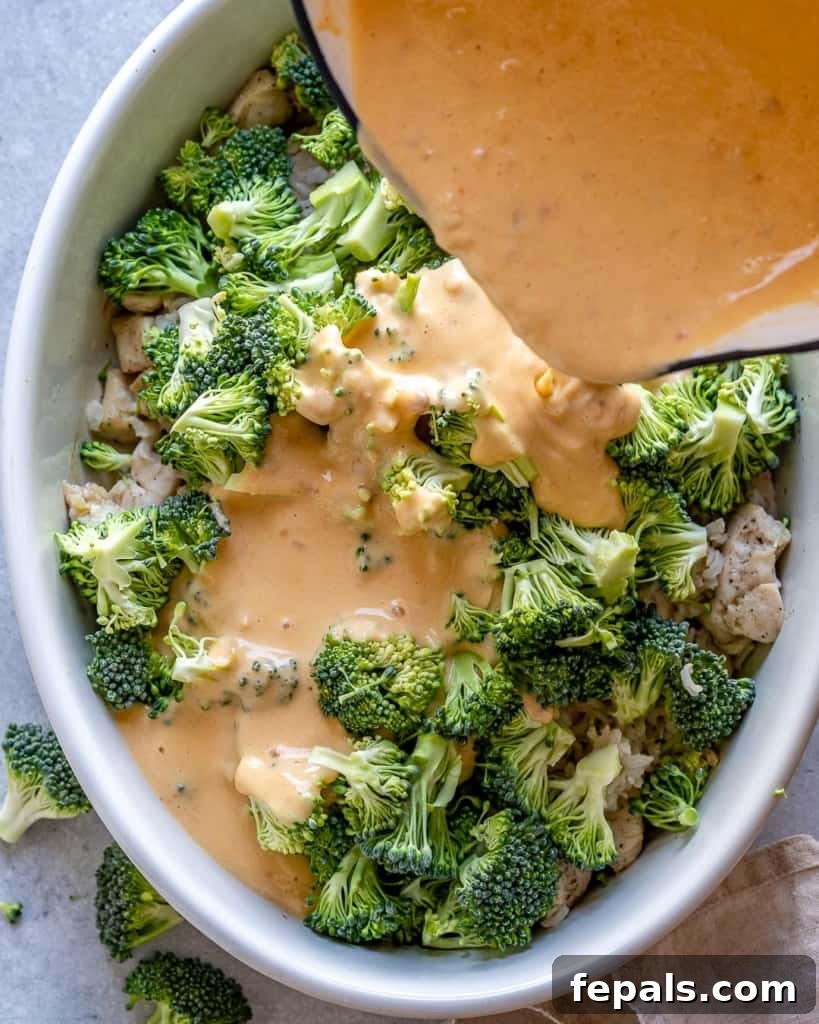 Creamy Chicken Broccoli Rice Bake 6 Pour sauce over broccoli and bake.