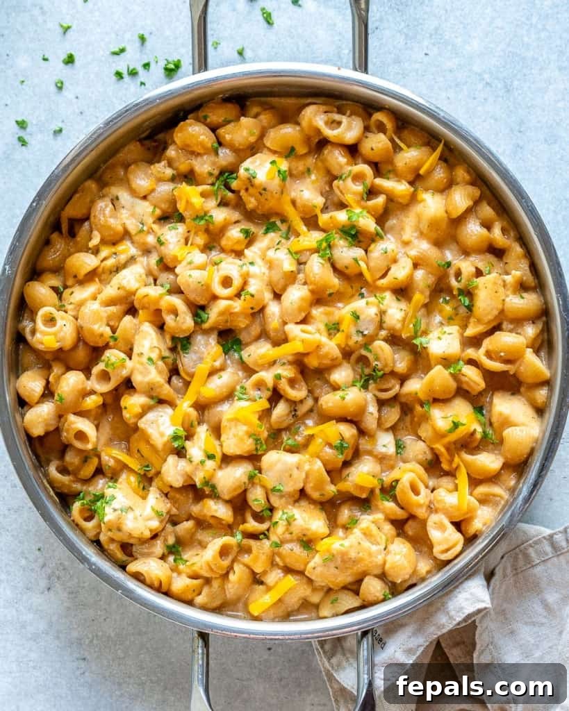 Spicy Buffalo Chicken Macaroni Bake 3 Top-down view of the creamy Buffalo Chicken Mac and Cheese served in the pan, highlighting its rich texture.