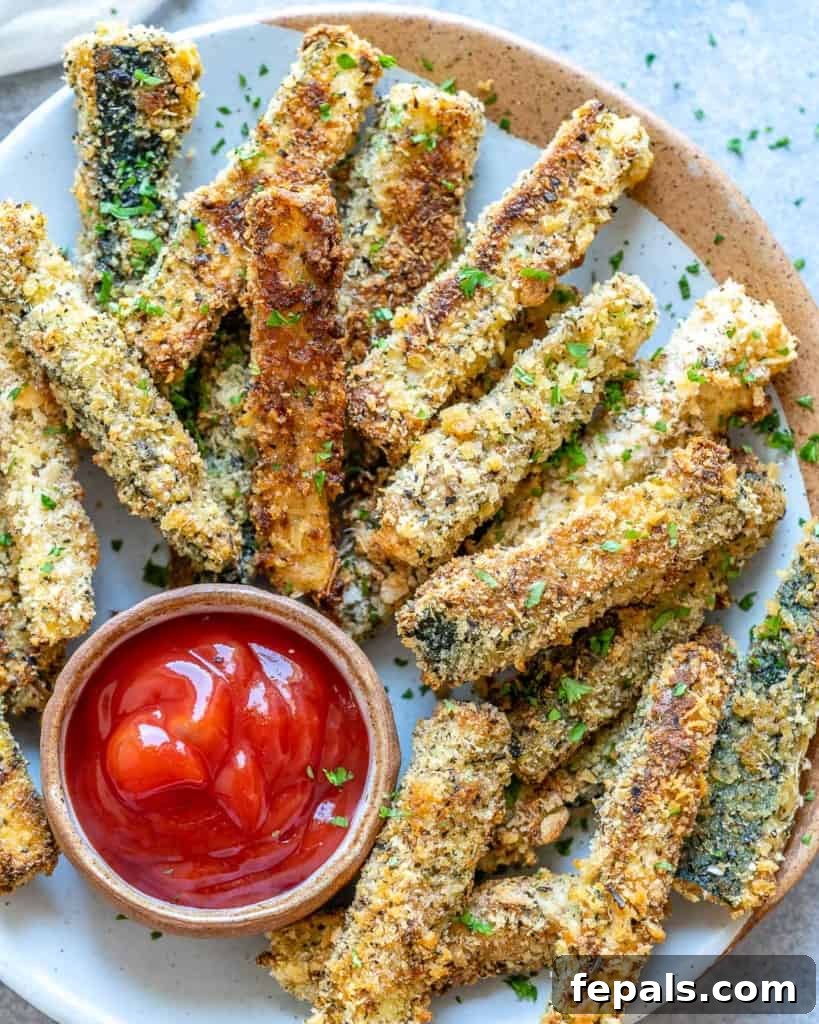Parmesan-Crusted Zucchini Fries 3 close up view of zucchini fries on a plate