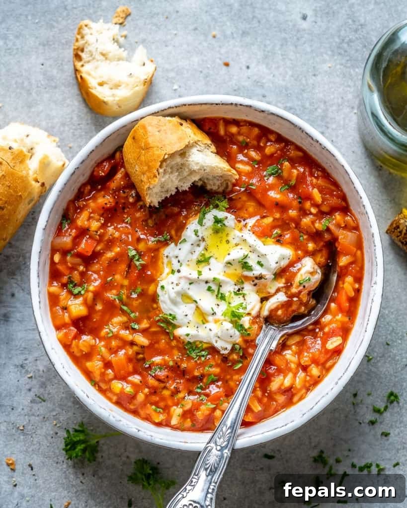 Homestyle Tomato Rice Soup 10 spoon and a piece of bread submerged in a bowl of tomato soup, close-up