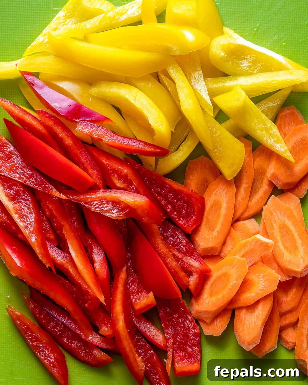 Vibrant Sweet and Sour Vegetable Stir-Fry 6 Sliced bell peppers and diagonally cut carrots arranged for stir fry preparation.