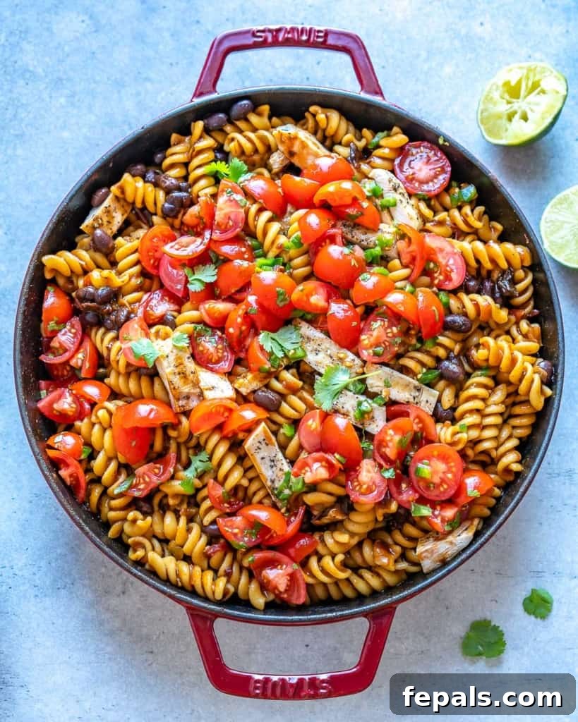 Smoky Chipotle Chicken Pasta 3 top view of mexican pasta in red pan