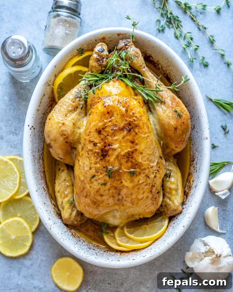 top view roast chicken in white baking dish and lemon granish