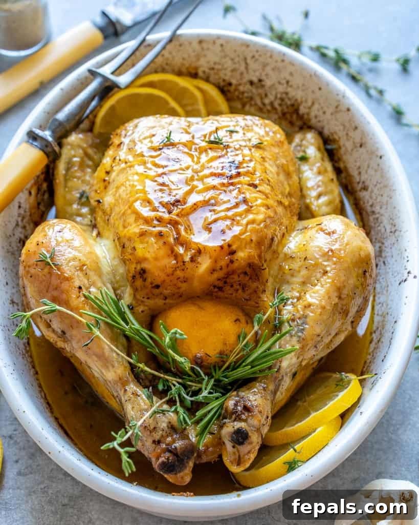 whole roasted chicken in a bowl