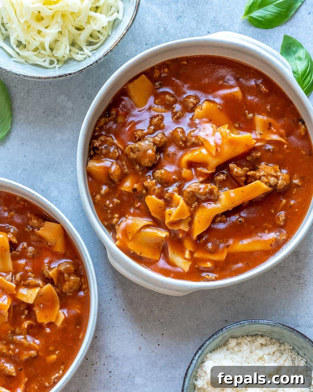 Comforting One Pot Lasagna Soup 6 Two bowls of lasagna soup with no garnish or toppings.
