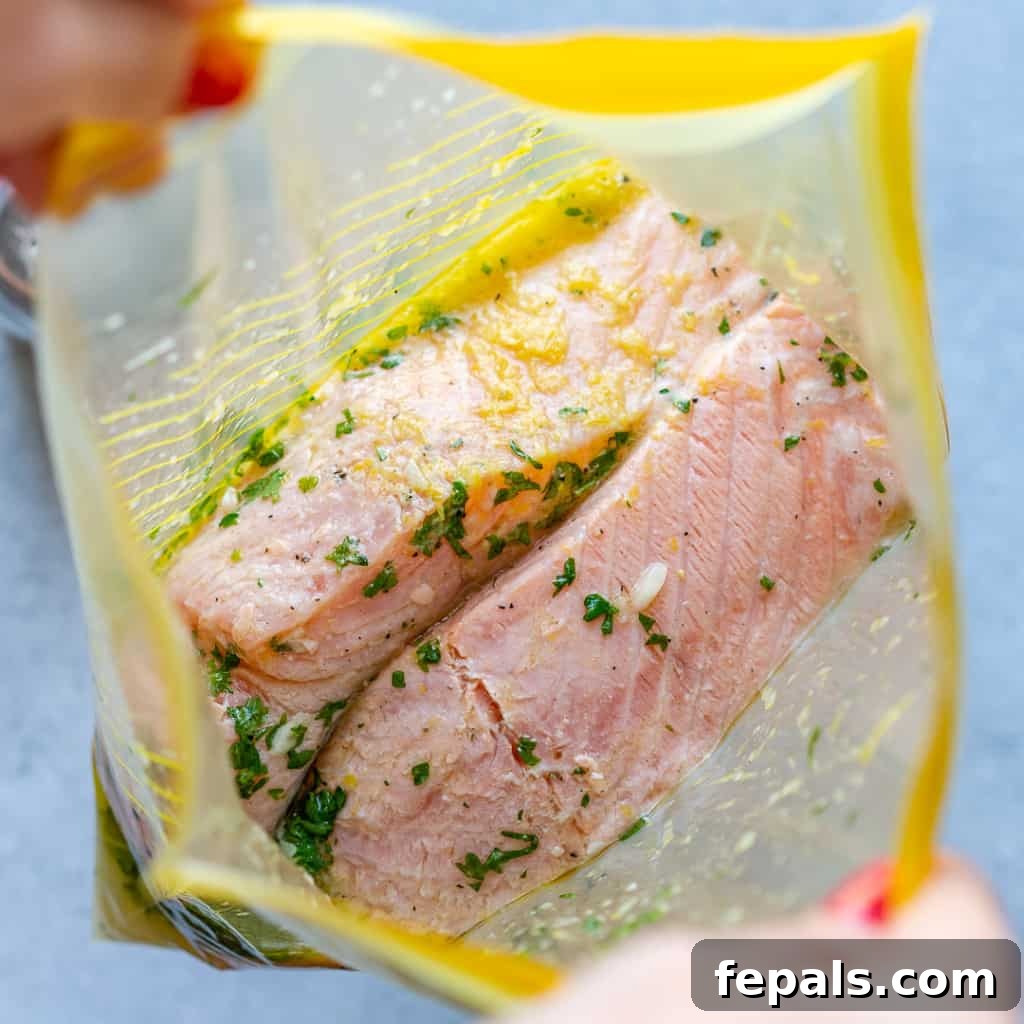 marinated salmon in a ziplock bag