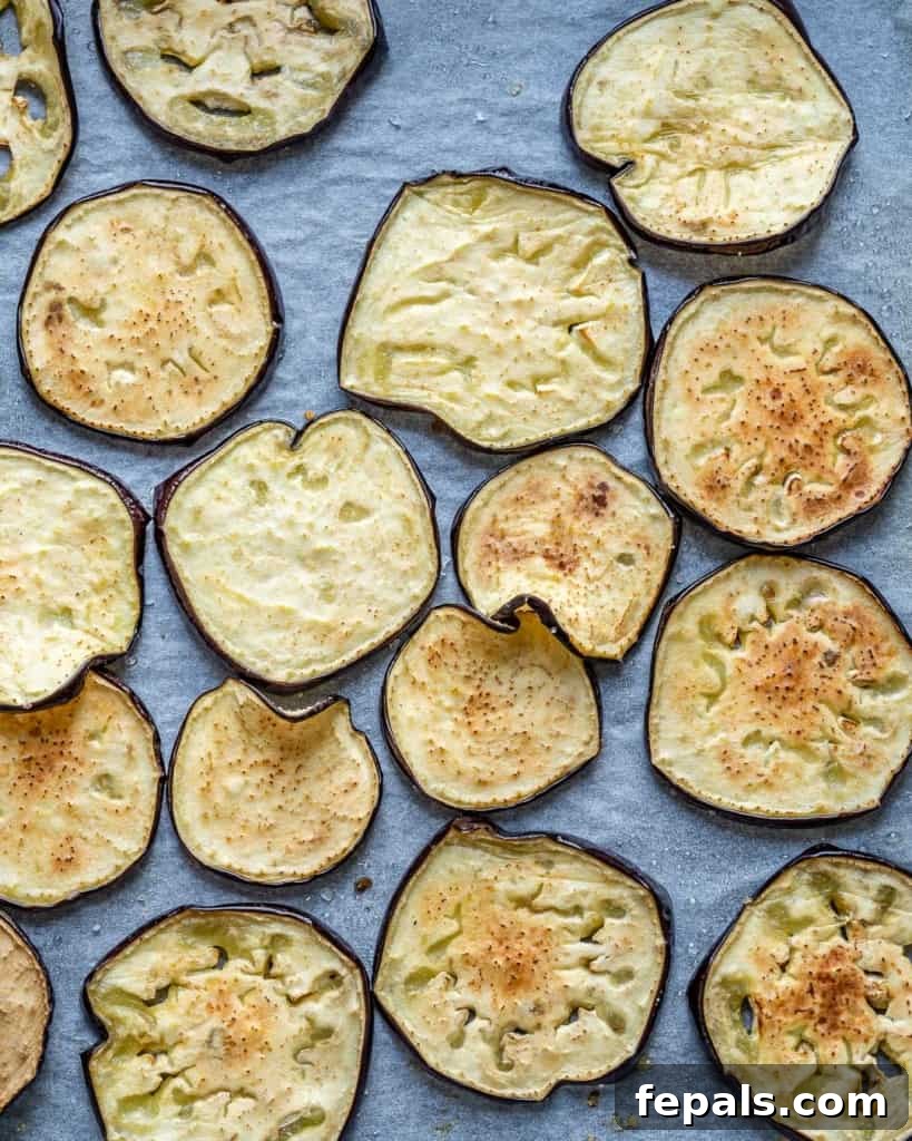 Roasted Eggplant and Ricotta Lasagna 5 baked eggplant slices on sheet pan