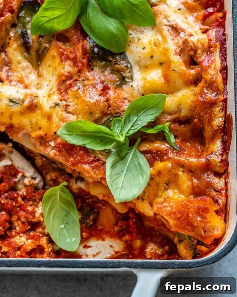 Roasted Eggplant and Ricotta Lasagna 9 vegetarian lasagna with basil garnishes