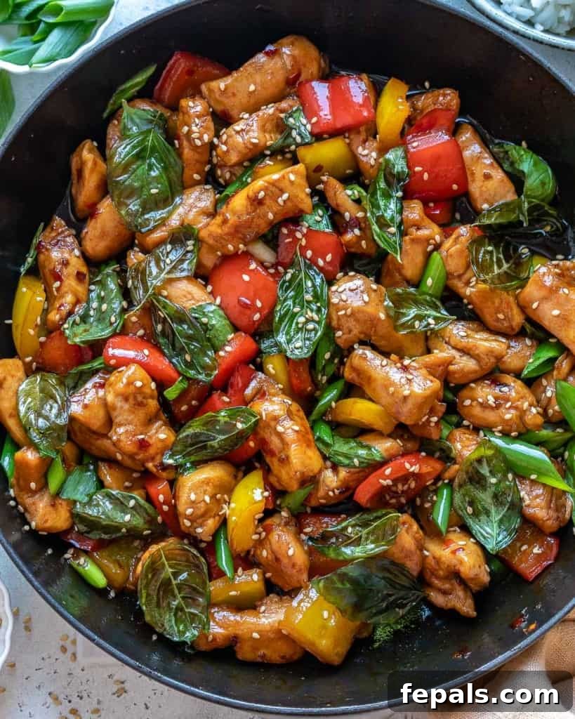 Close-up overhead shot of Thai basil chicken stir-fry with vibrant green basil leaves.