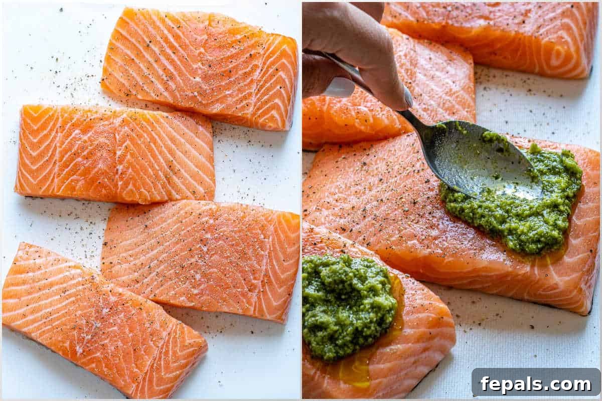 process shot to season the salmon filets and add pesto over it.