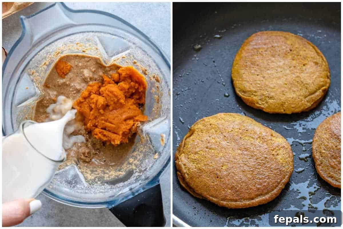 process shot to make the batter for pumpkin pancakes and making them in pan.