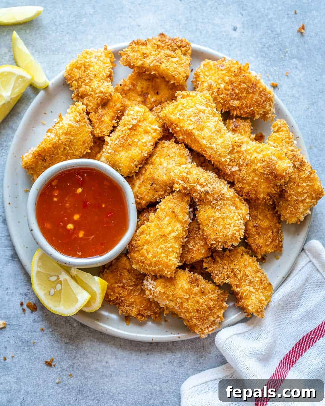 Crispy Air Fryer Chicken Nuggets 2 Top view of golden crispy air fryer chicken nuggets with a bowl of ketchup