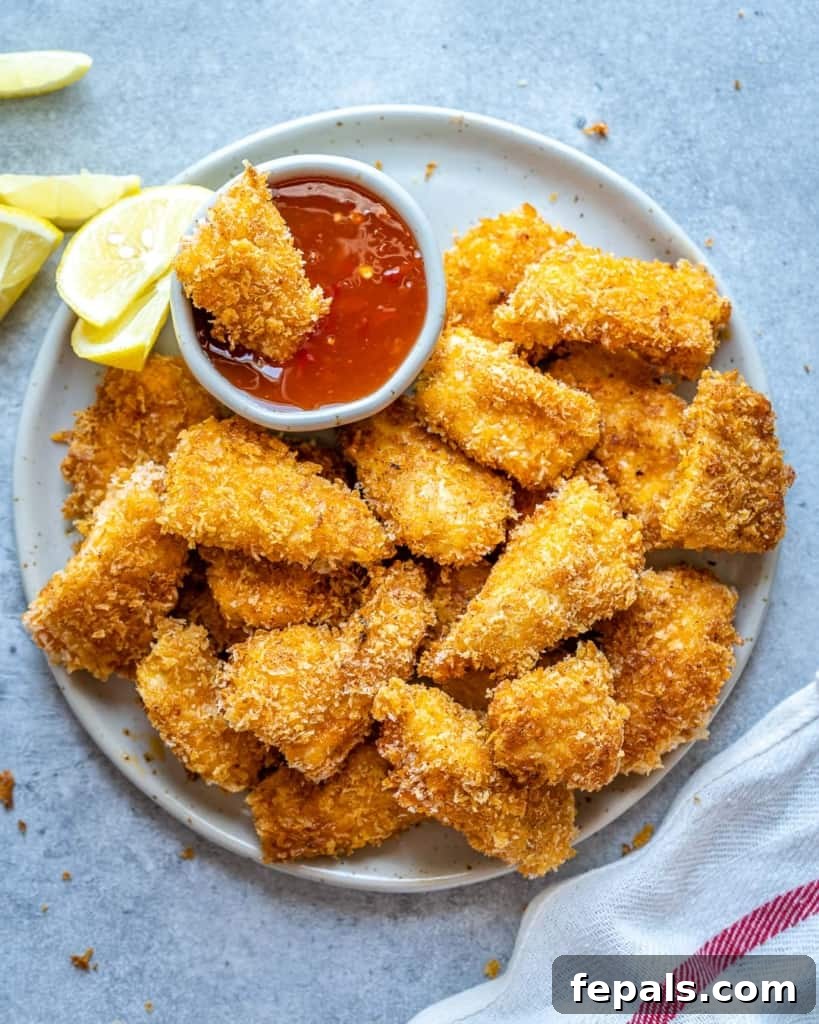 Crispy Air Fryer Chicken Nuggets 6 Top view of air fryer chicken nuggets on a plate with a side of ketchup.
