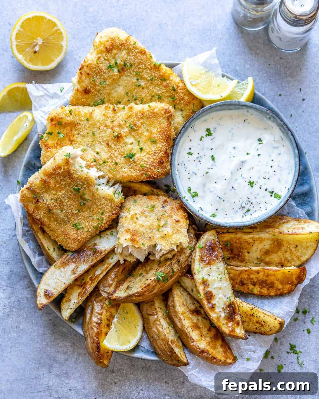 top view air fried fish with potato wedges and white dip