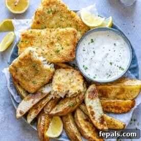 top view air fried fish with potato wedges and white dip