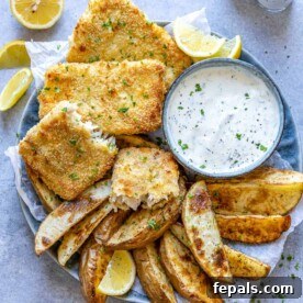 top view air fried fish with potato wedges and white dip