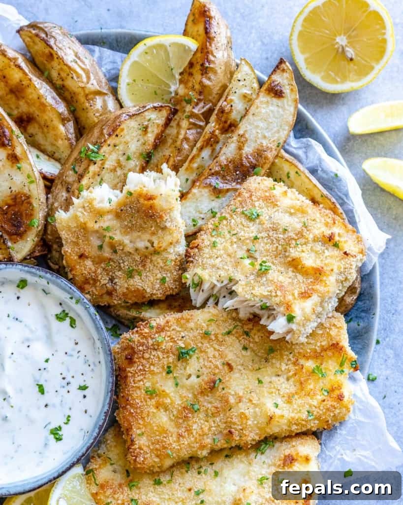 Air Fryer Magic: Crispy Fish and Chips 3 side shot of air fryer fish with ranch dip dressing and potato wedges