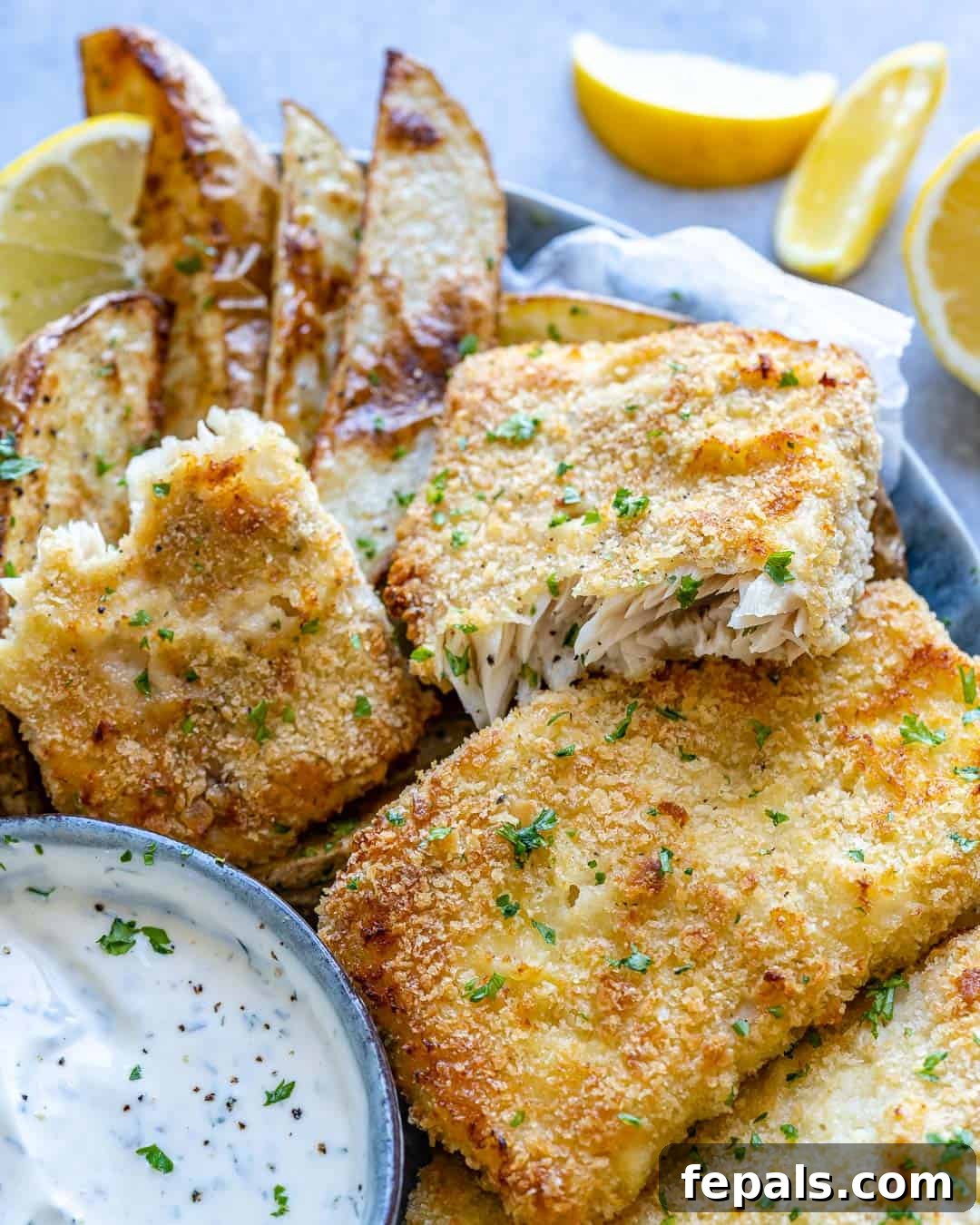 Crispy air fryer fish and chips on blue plate