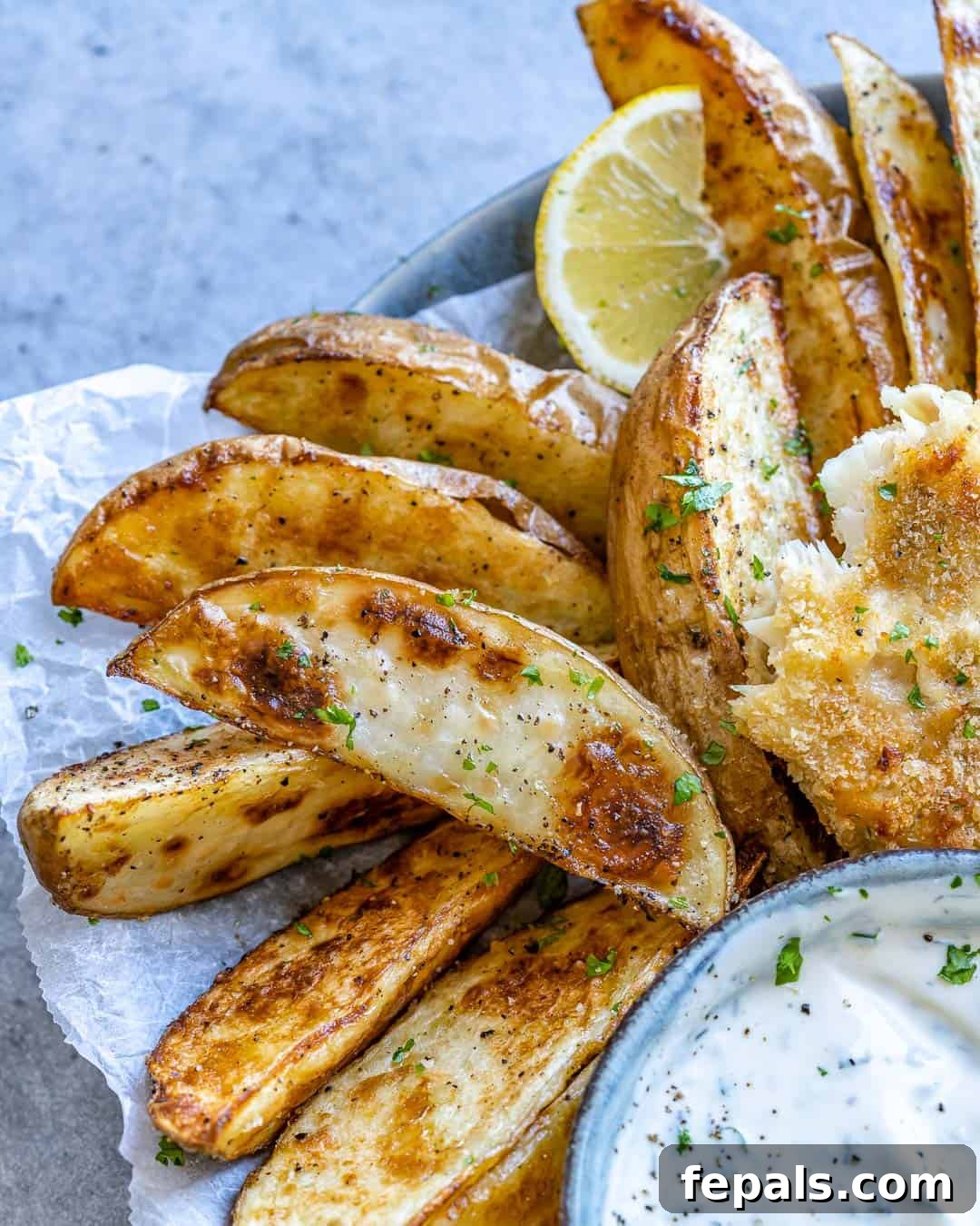 Close up view of crispy potatoes next to fish. 