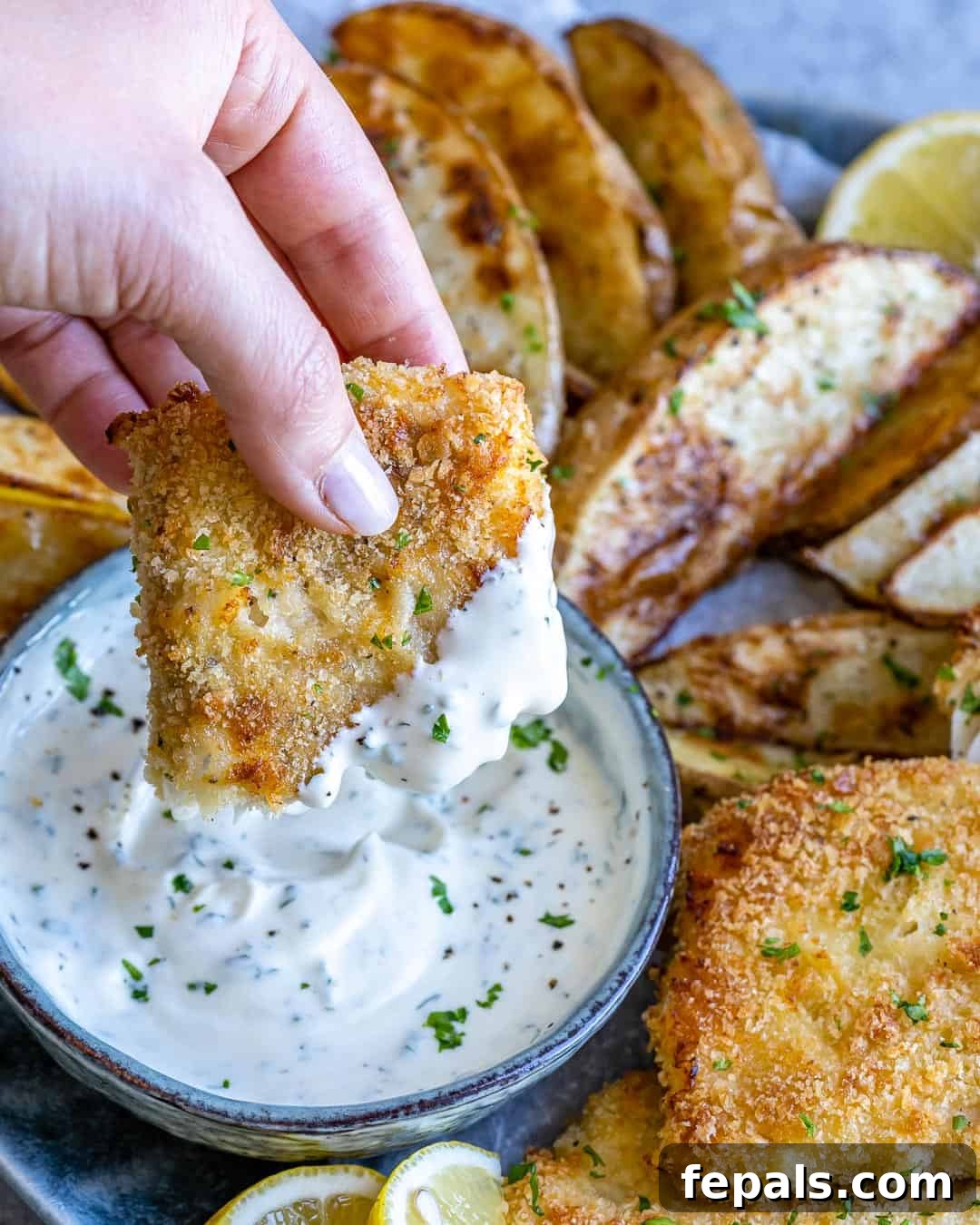 Dipping air fryer fish into sauce. 