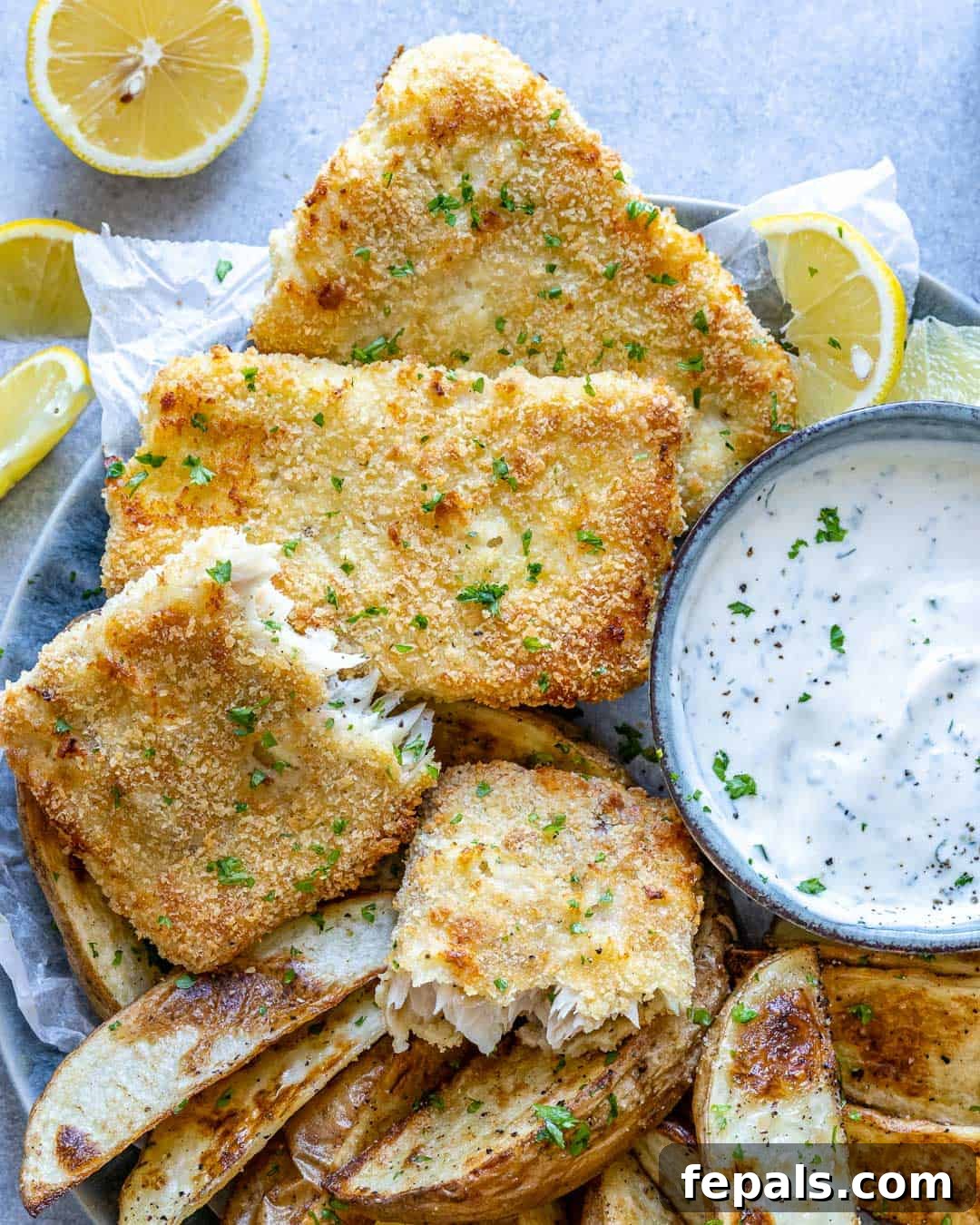 Top view of fish and chips on plate with lemon wedges. 