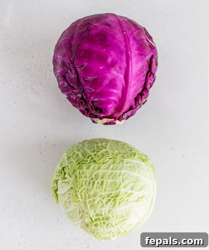 Mastering Cabbage Cuts 2 top view of two whole cabbage. One purple and one green