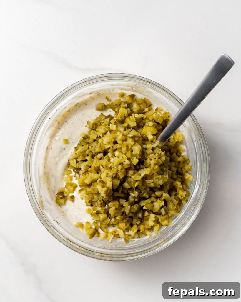 chopped pickle relish added over the bowl of seasoned mayo before mixing