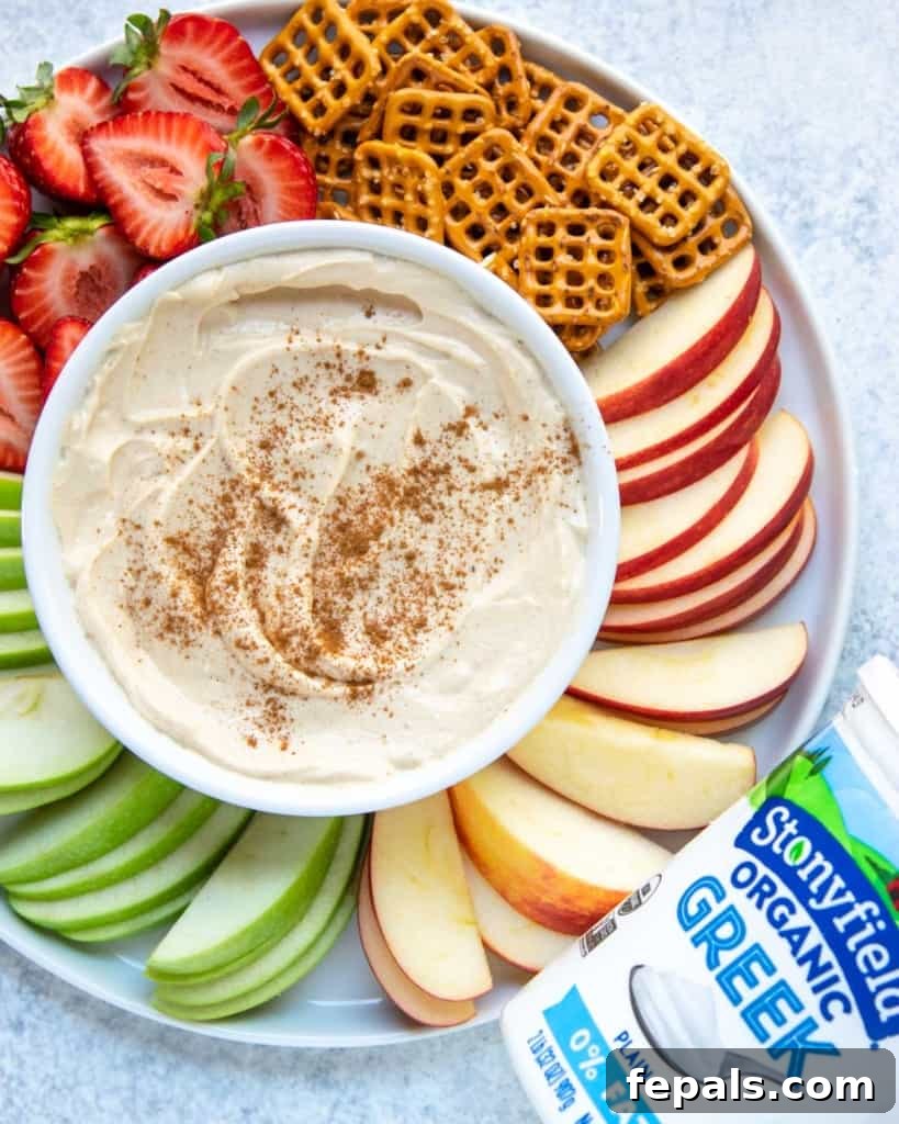 Peanut Butter Bliss Dip 2 top view yogurt fruit dip bow with fruits around it