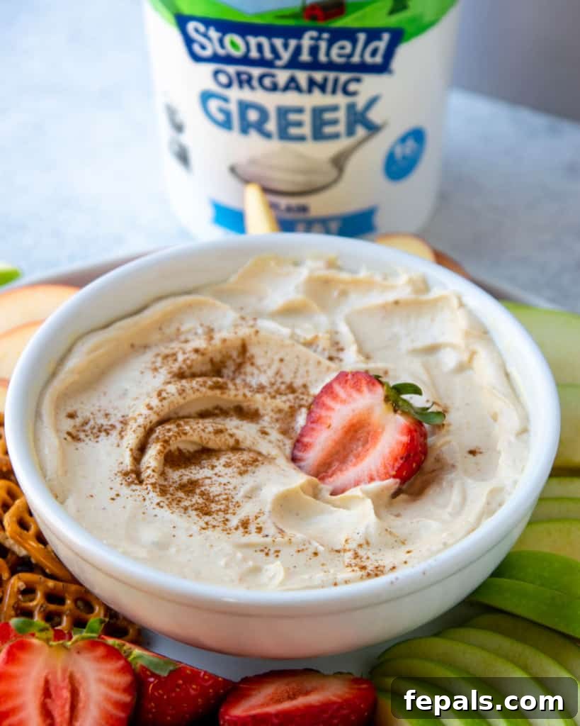 Peanut Butter Bliss Dip 15 side view of yogurt dip with jar of stoney field greek yogurt