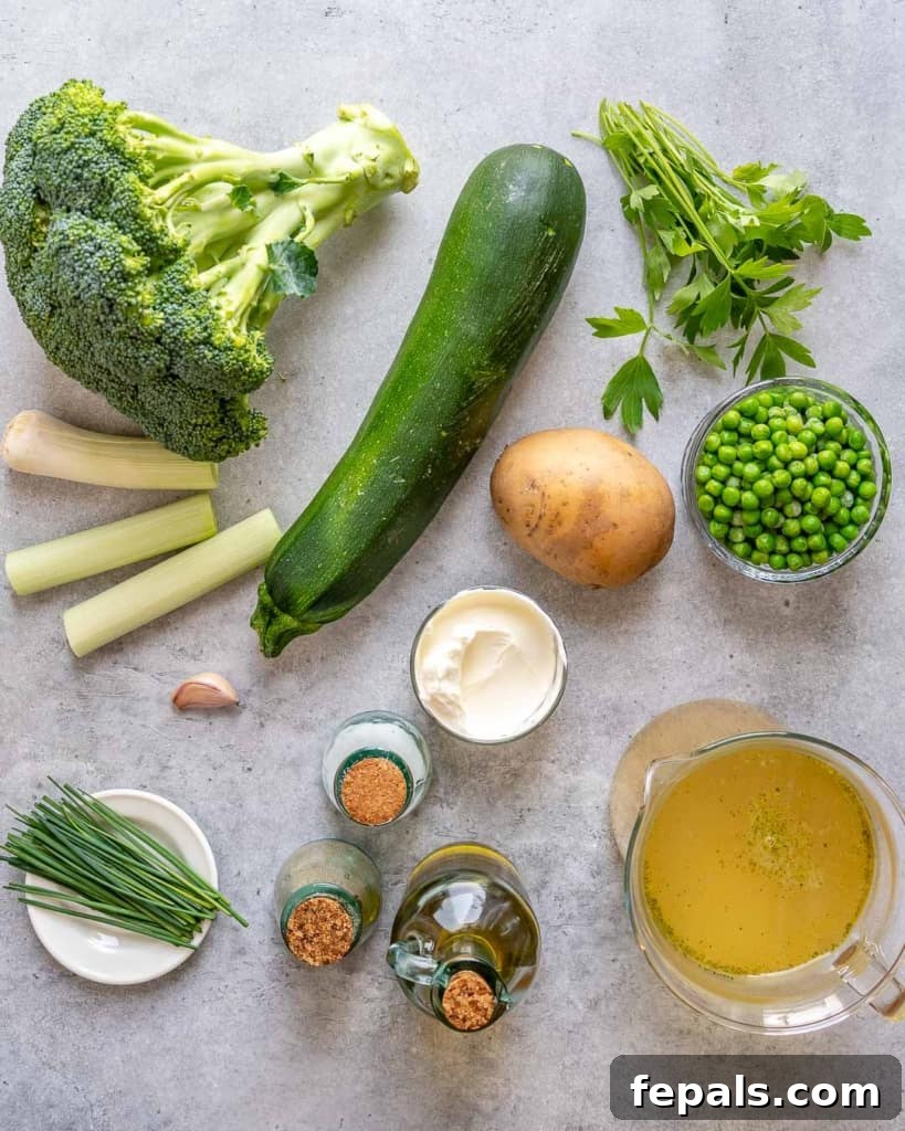 ingredients to make the zucchini noodle and broccoli soup