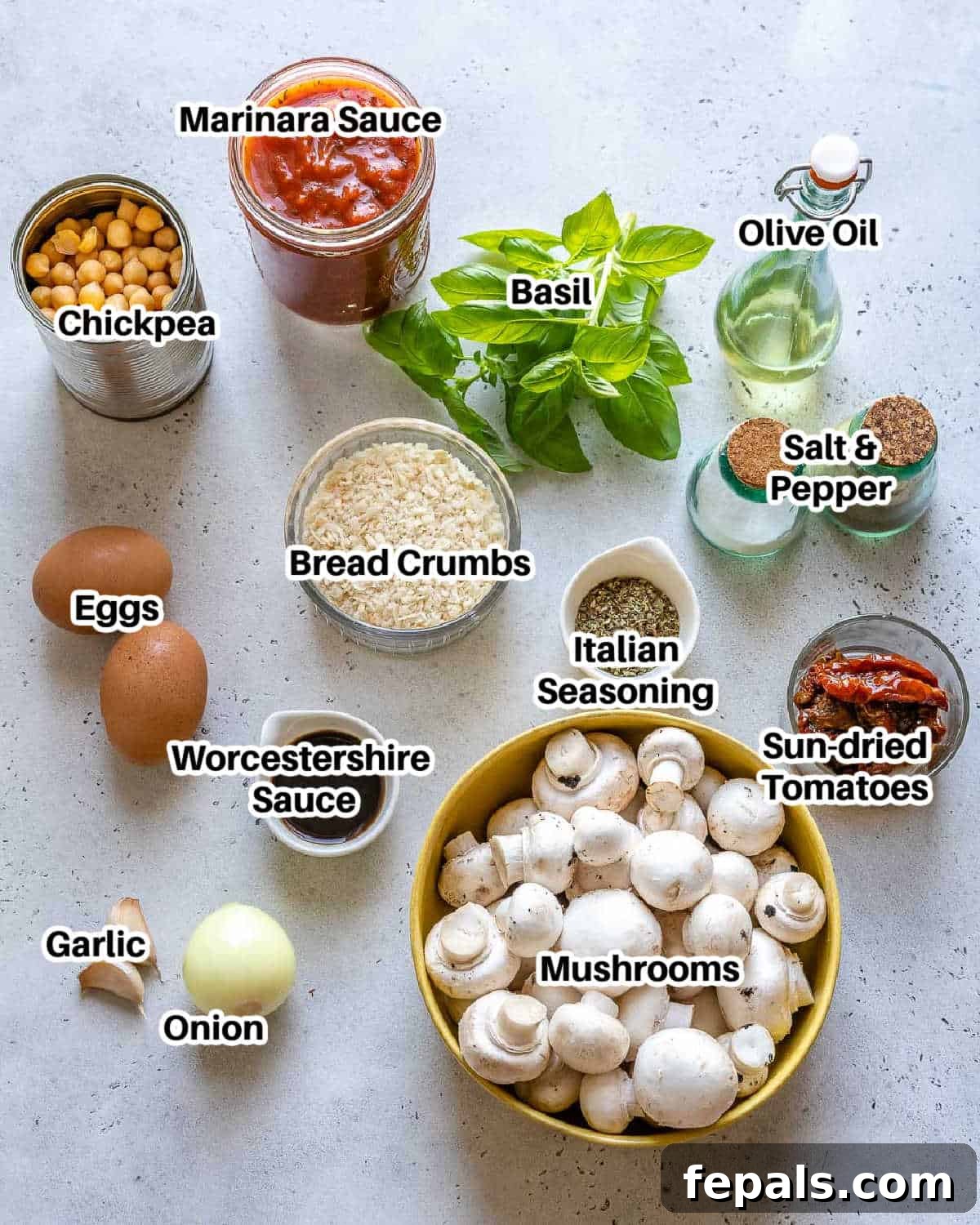 Savory Garden Meatballs 3 Fresh ingredients for vegetarian meatballs including chickpeas, mushrooms, onion, garlic, and sun-dried tomatoes.